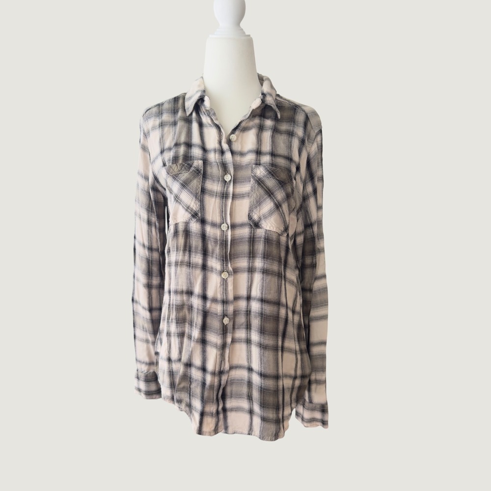 Mossimo Supply Co Womens Small Plaid Boyfriend Flannel Shirt Grey Cream Rayon